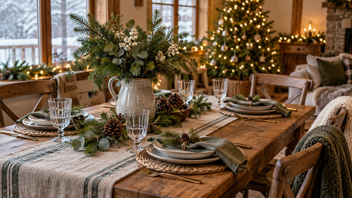 Rustic festive table with greenery and electric lights