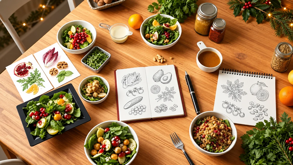 Salad bowls and ingredient sketches for planning a festive menu