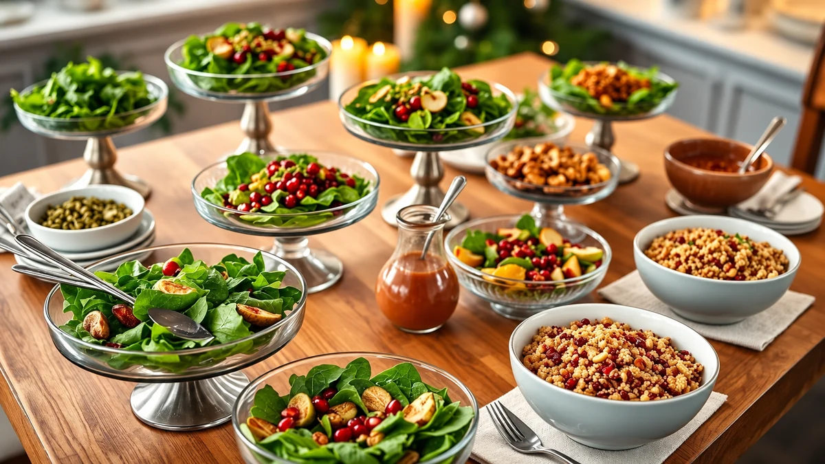 Salad buffet arranged in bowls and raised serving dishes