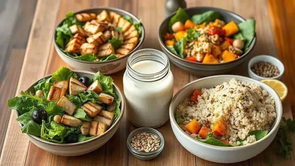 Salads, grains, vegetables, toast and plain yoghurt Salads, grains, vegetables, toast and plain yoghurt