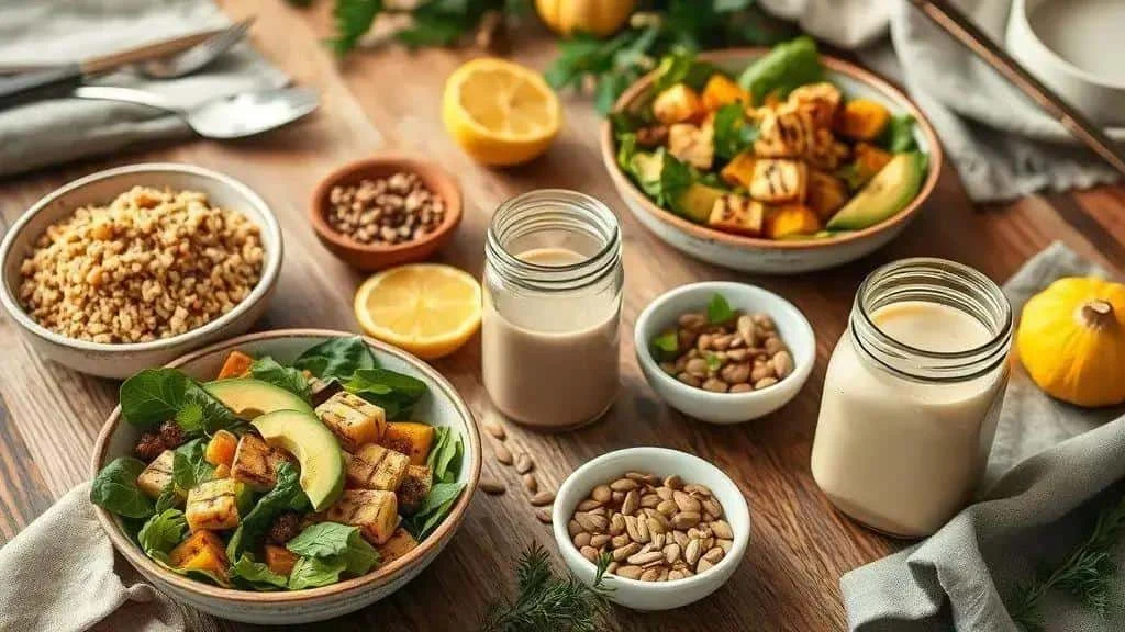 Salads with avocado and cooked tofu beside grains and creamy dressings