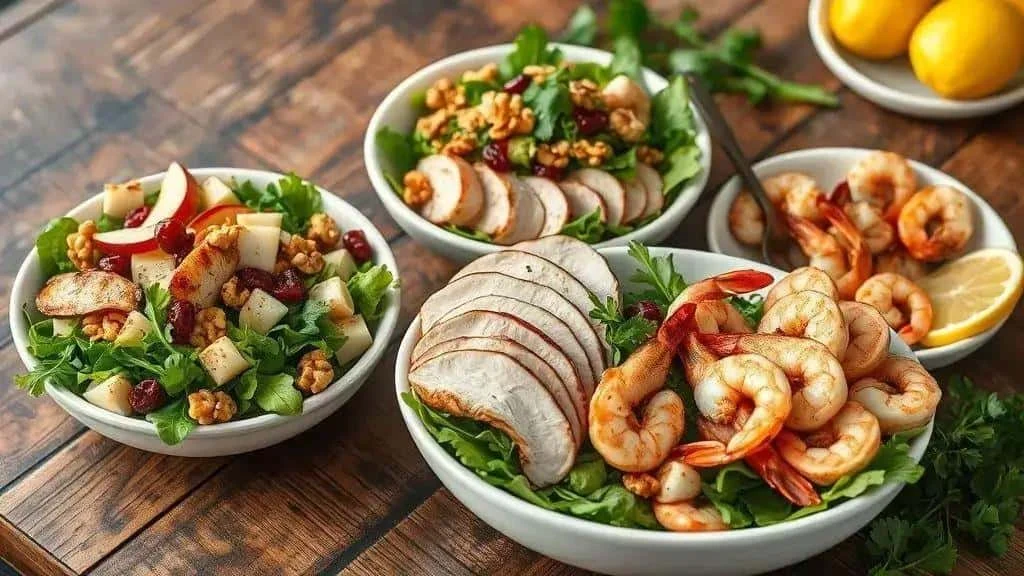 Salads with sliced cooked poultry, prawns and walnuts