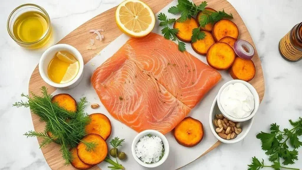 Salmon and sweet potato with dressing ingredients Salmon and sweet potato with dressing ingredients