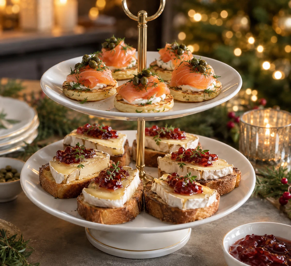Salmon blinis and brie toasts on a stable tiered stand Salmon blinis and brie toasts on a stable tiered stand