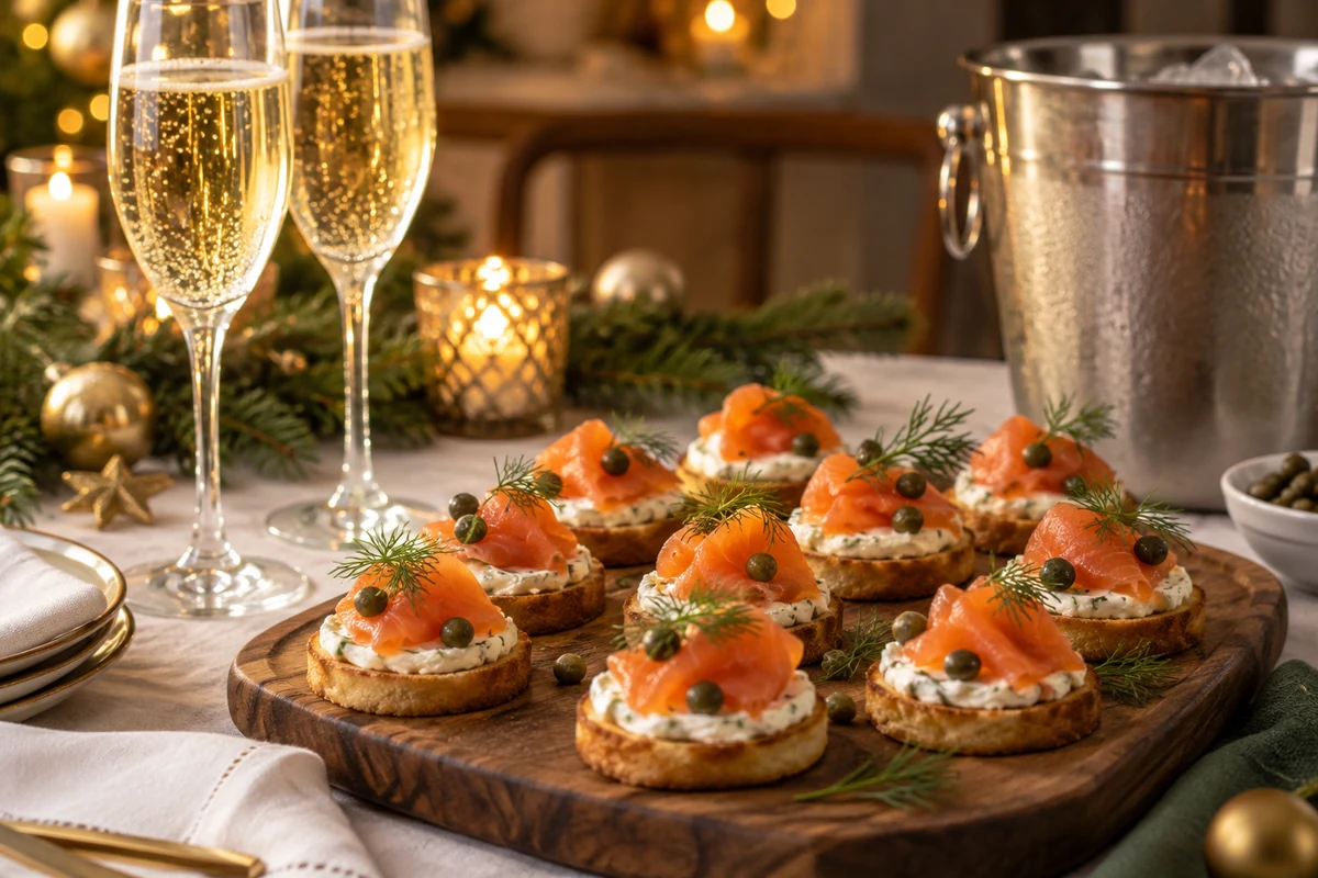 Salmon canapes beside sparkling wine glasses Salmon canapes beside sparkling wine glasses