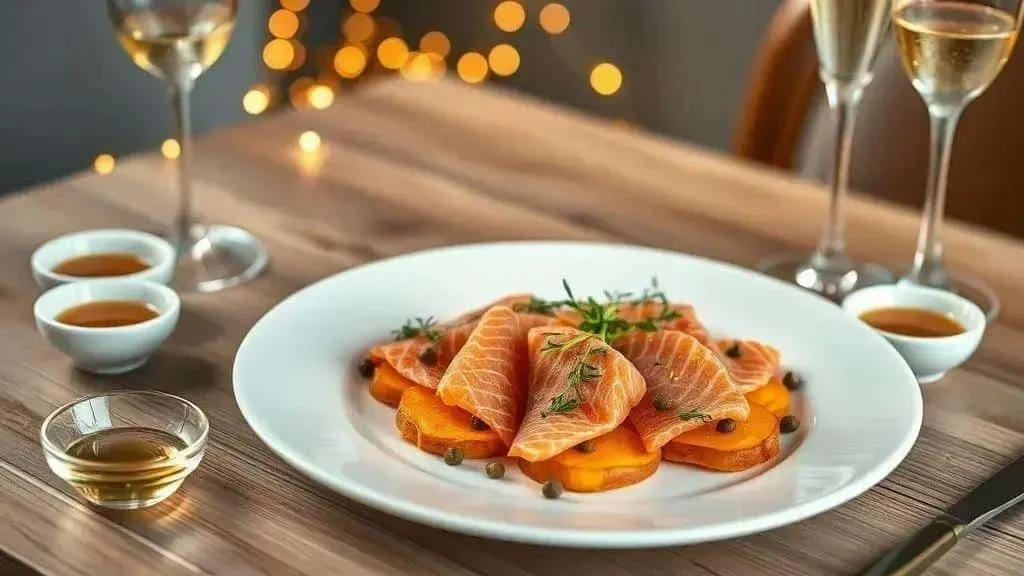 Salmon carpaccio and sweet potato for a celebration meal Salmon carpaccio and sweet potato for a celebration meal