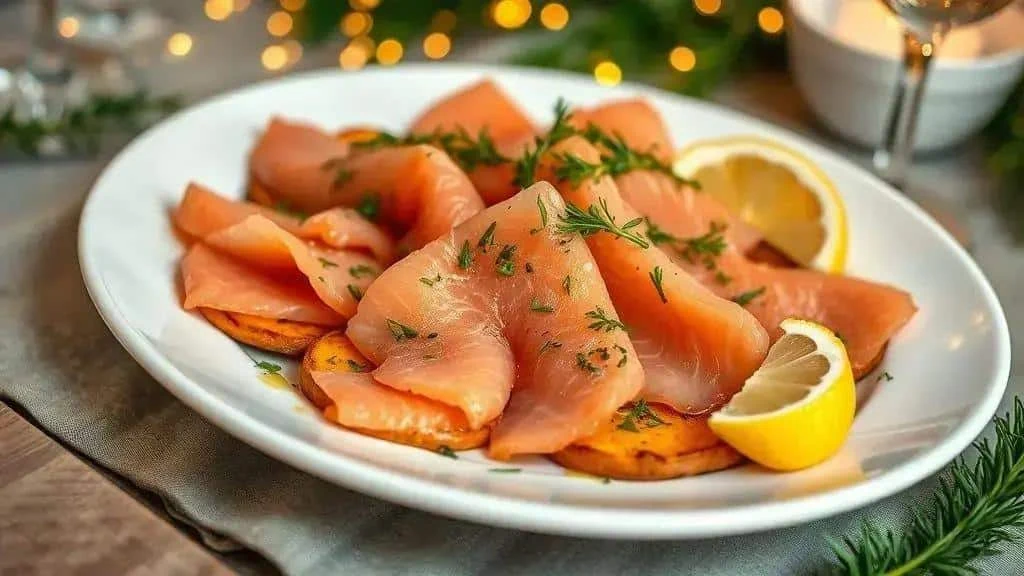 Salmon carpaccio with sweet potato and lemon