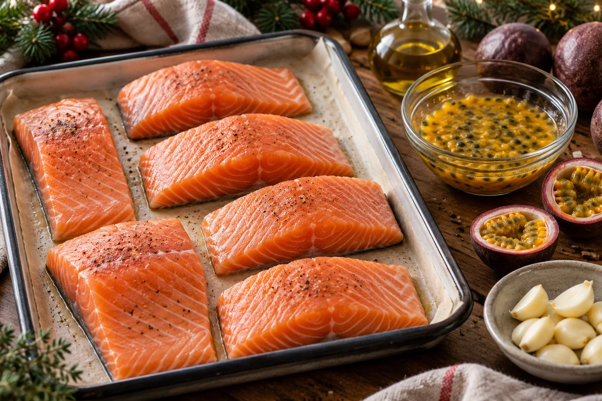 Salmon portions and passion fruit sauce ingredients