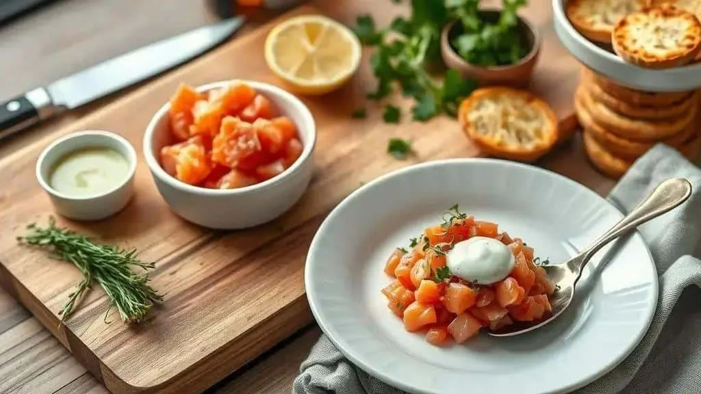Salmon tartare with wasabi cream toast and lemon Salmon tartare with wasabi cream toast and lemon