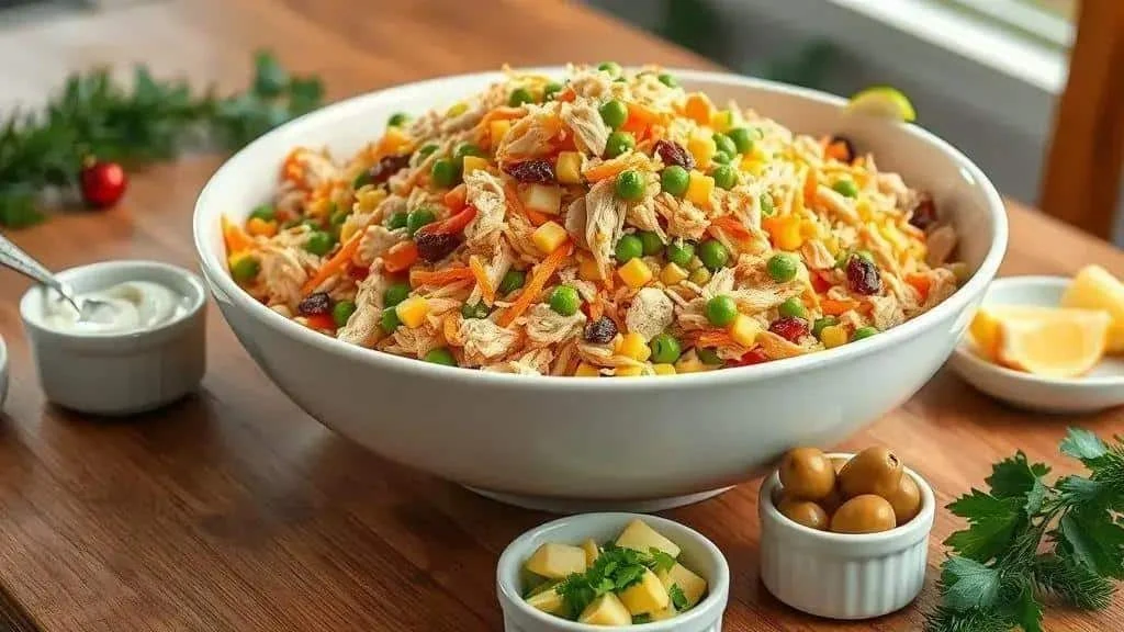 Salpicao with chicken peas carrots sweetcorn and raisins