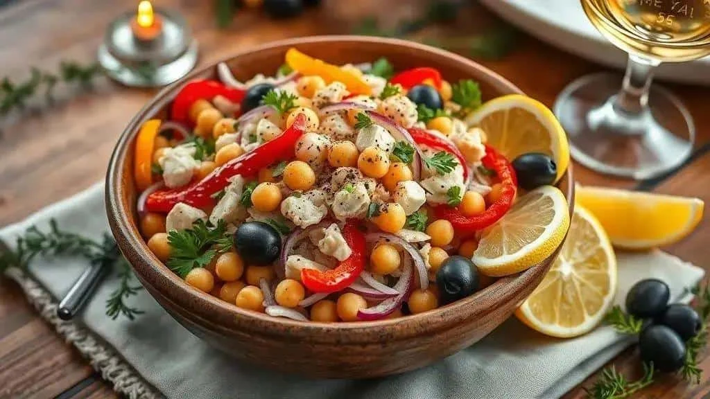 Salt cod and chickpea salad with peppers, olives and lemon Salt cod and chickpea salad with peppers, olives and lemon