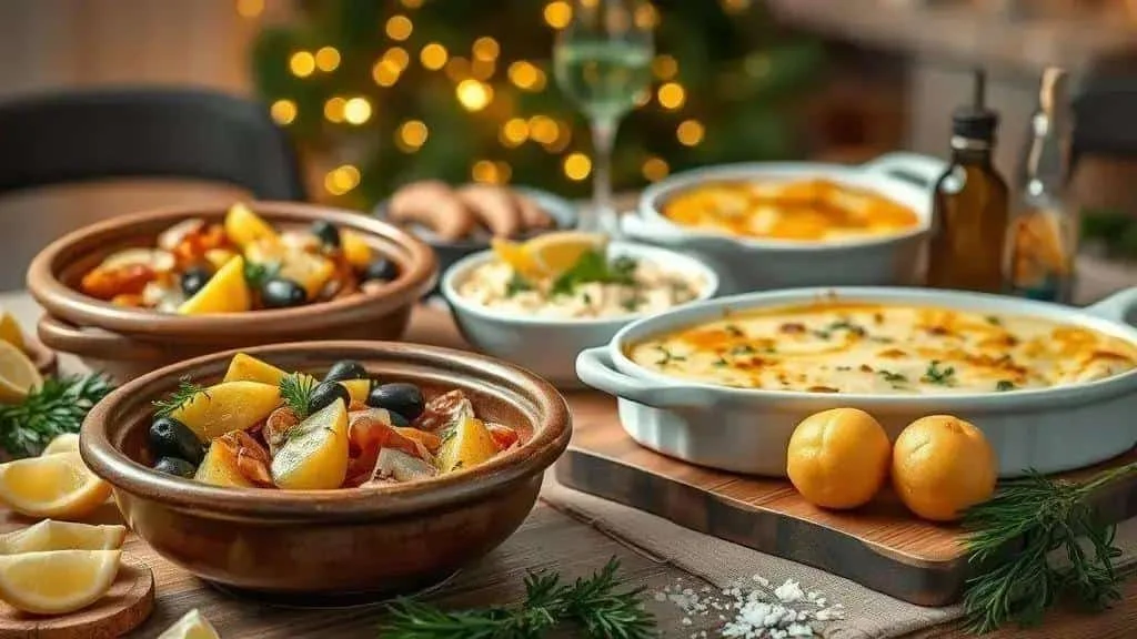 Salt cod and potato dishes on a festive kitchen table