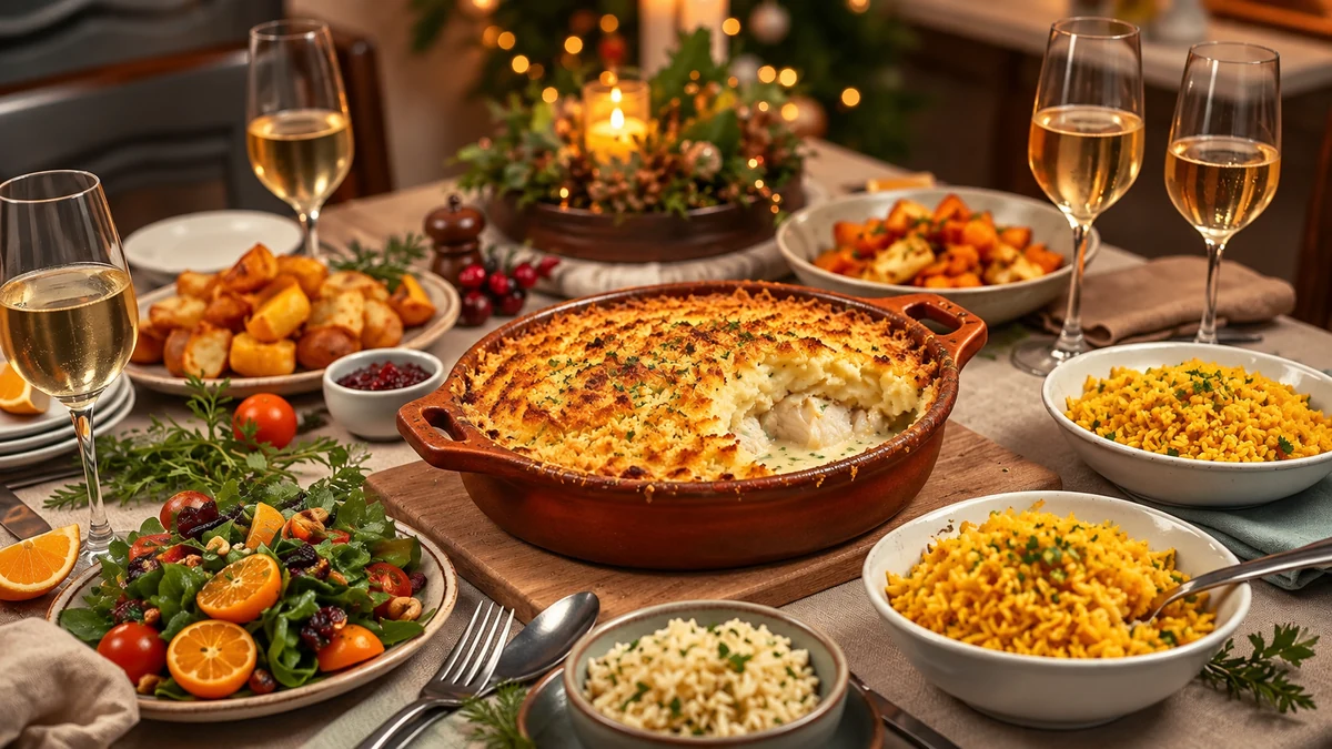 Salt cod and potato gratin on a festive dinner table Salt cod and potato gratin on a festive dinner table