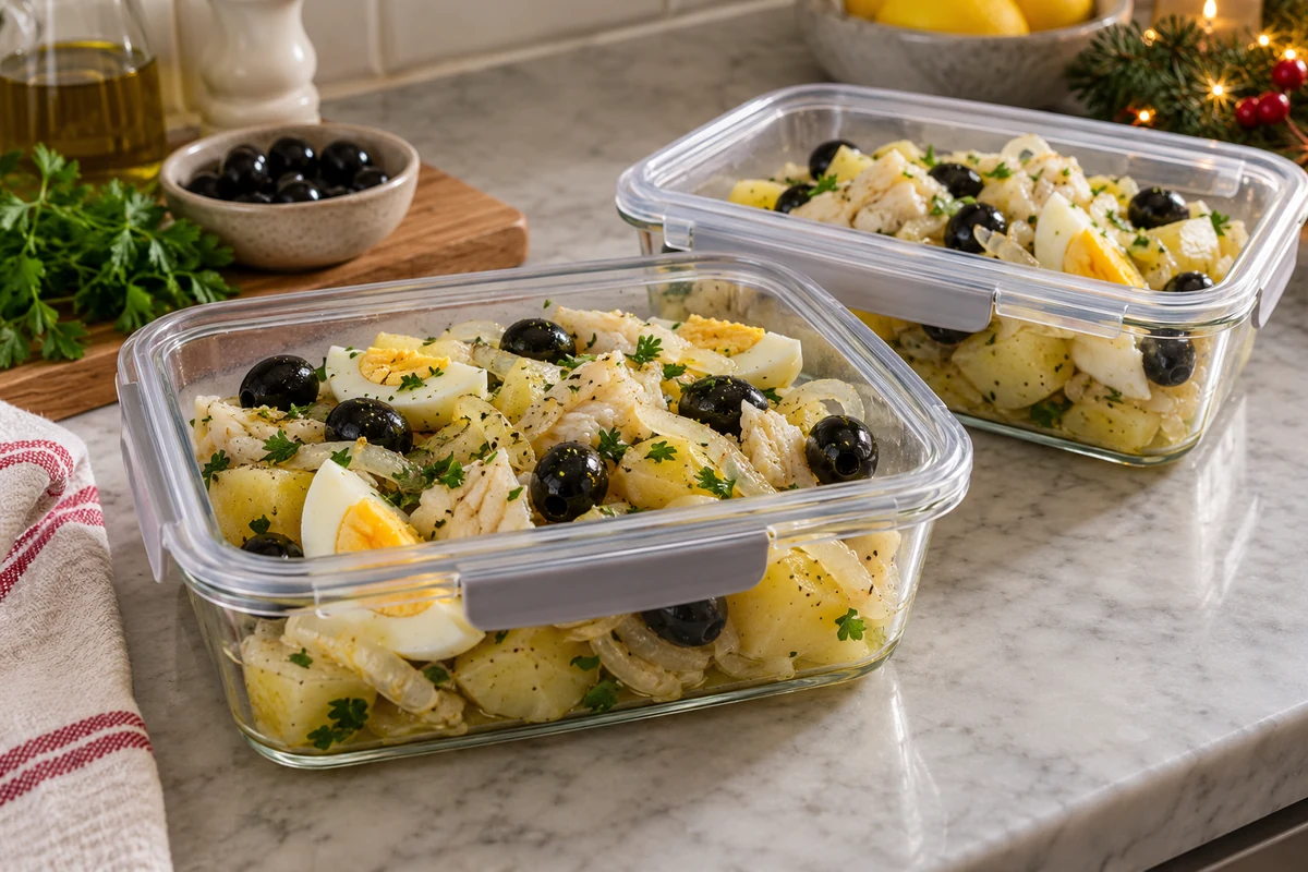 Salt cod and potato portions in food storage boxes