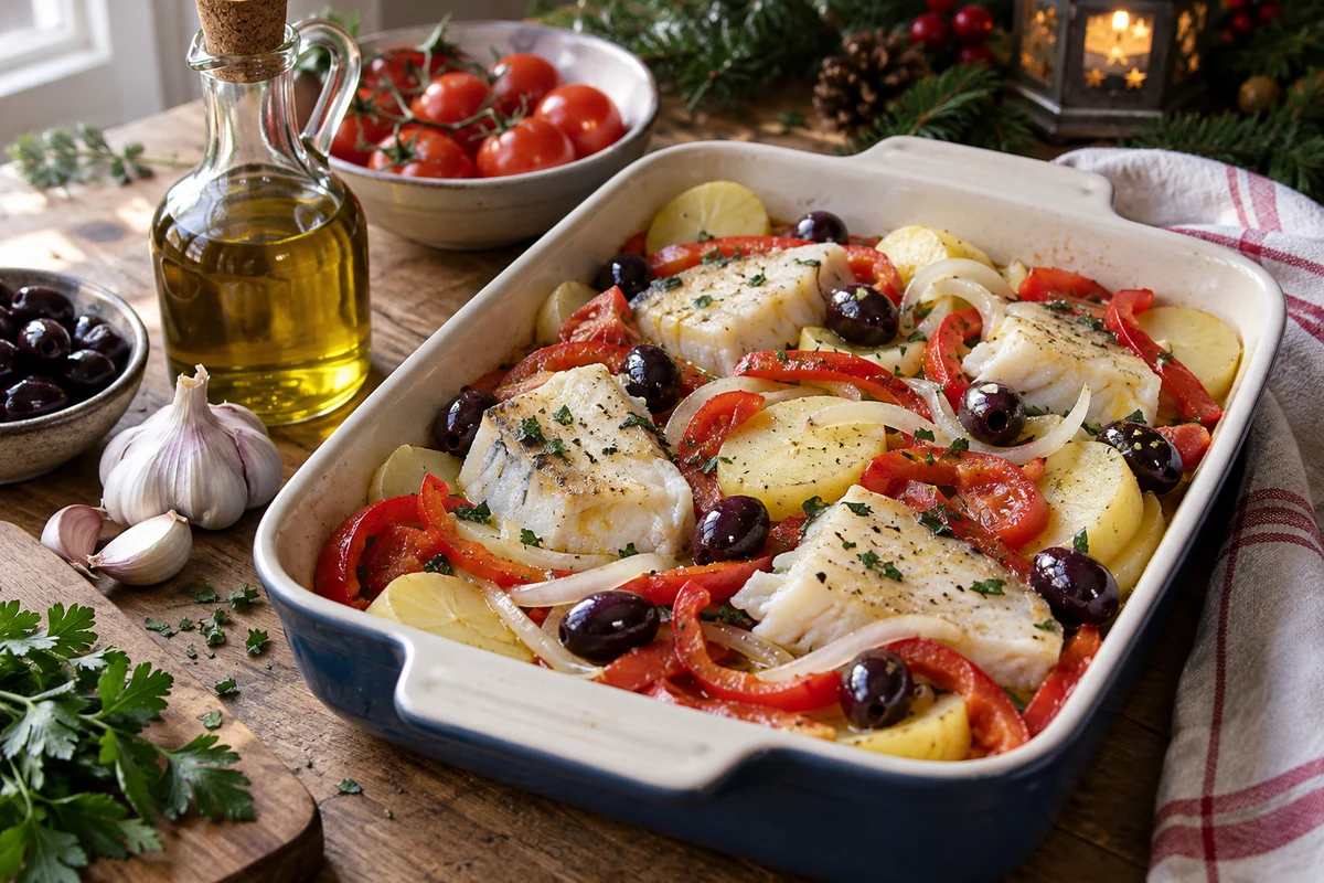 Salt cod and vegetables layered in a baking dish Salt cod and vegetables layered in a baking dish
