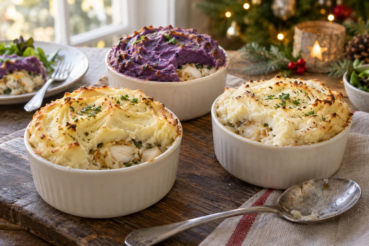 Salt cod bakes with potato, purple sweet potato and cauliflower toppings Salt cod bakes with potato, purple sweet potato and cauliflower toppings