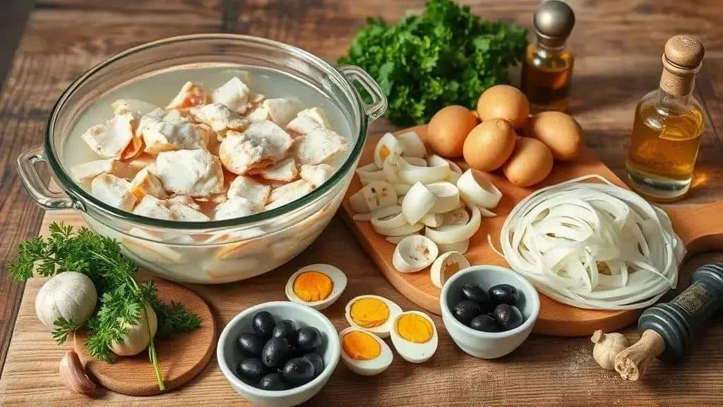 Salt cod casserole ingredients with potatoes eggs and olives