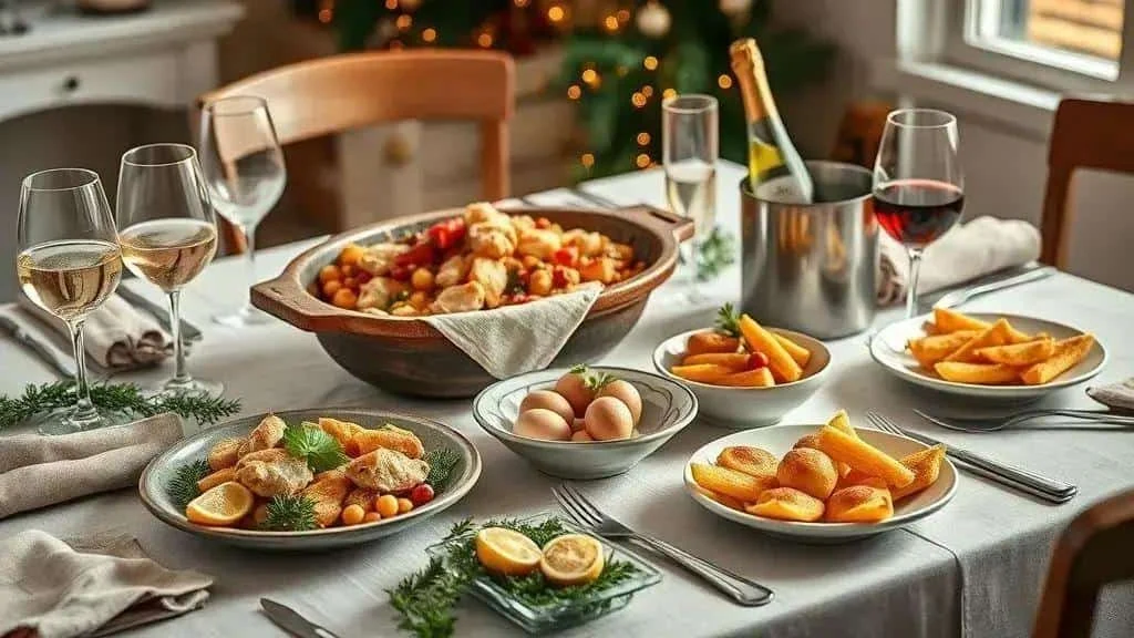 Salt cod dishes on a Christmas dining table Salt cod dishes on a Christmas dining table