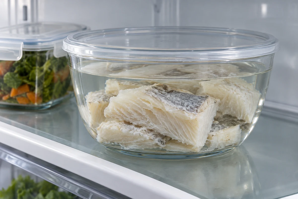 Salt cod fillets soaking in a covered bowl in the fridge