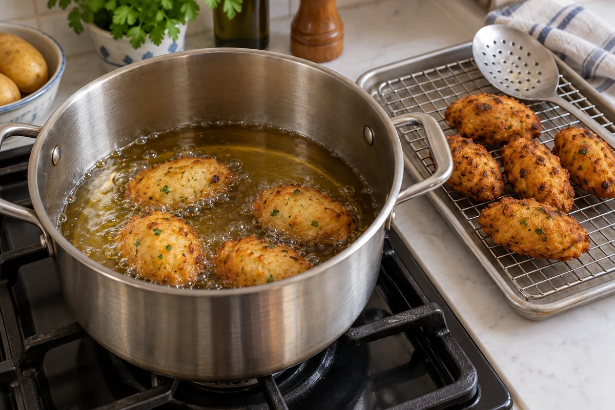 Salt cod fritters frying in a deep pan with space above the oil