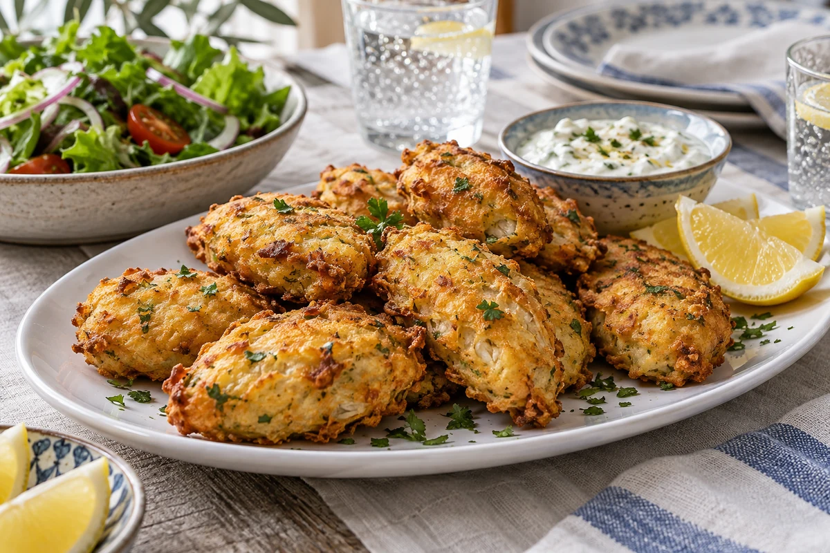 Salt cod fritters served with salad lemon and dipping sauce