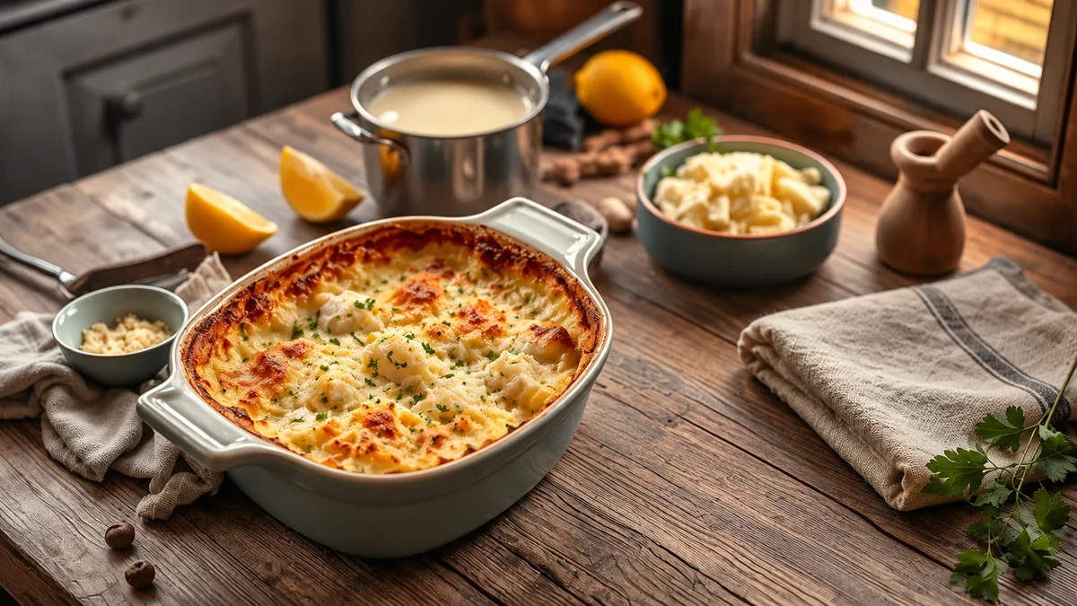 Salt cod gratin with bechamel and mashed potato ingredients Salt cod gratin with bechamel and mashed potato ingredients