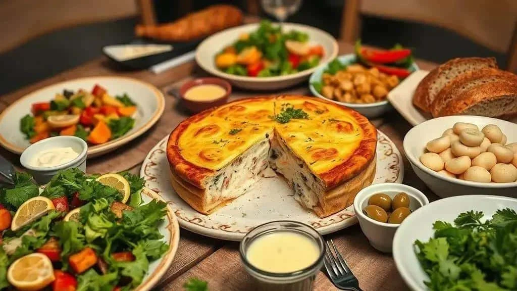 Salt cod pie served with salad and accompaniments