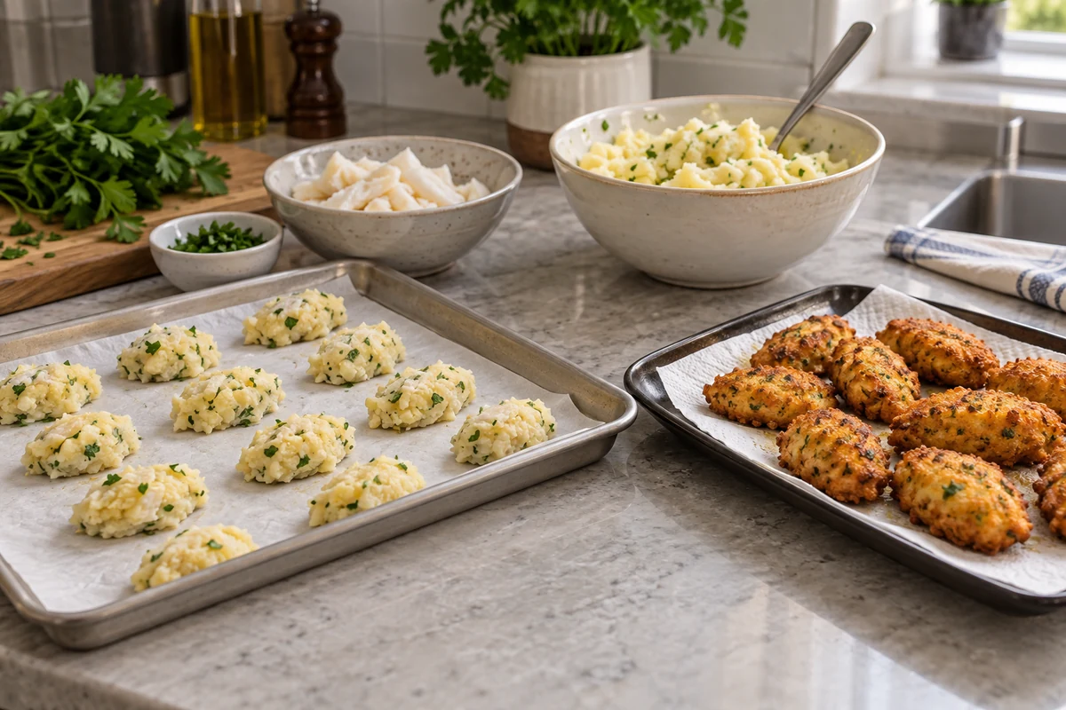 Salt cod potato fritters prepared on separate kitchen trays