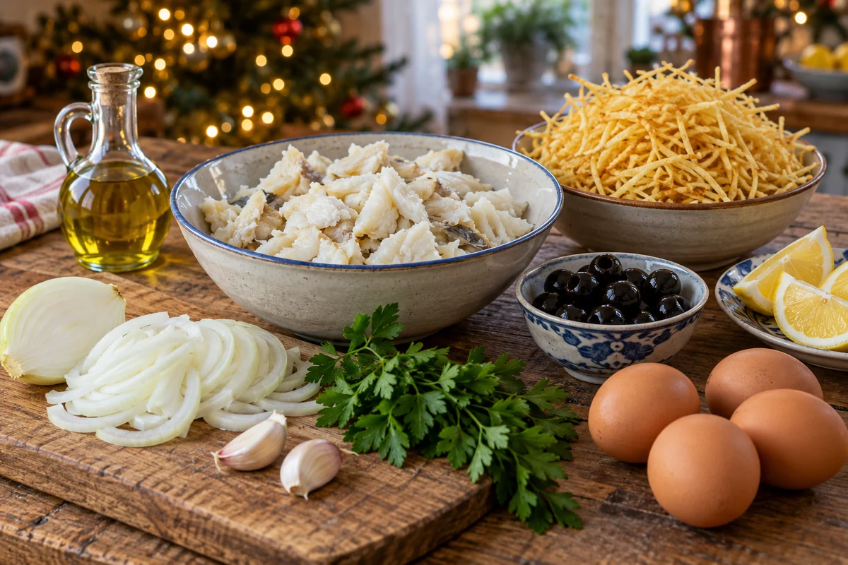 Salt cod, potato straws and egg ingredients Salt cod, potato straws and egg ingredients