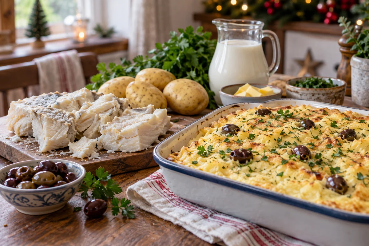 Salt cod, potatoes, milk, butter and olives for a Christmas mash bake Salt cod, potatoes, milk, butter and olives for a Christmas mash bake