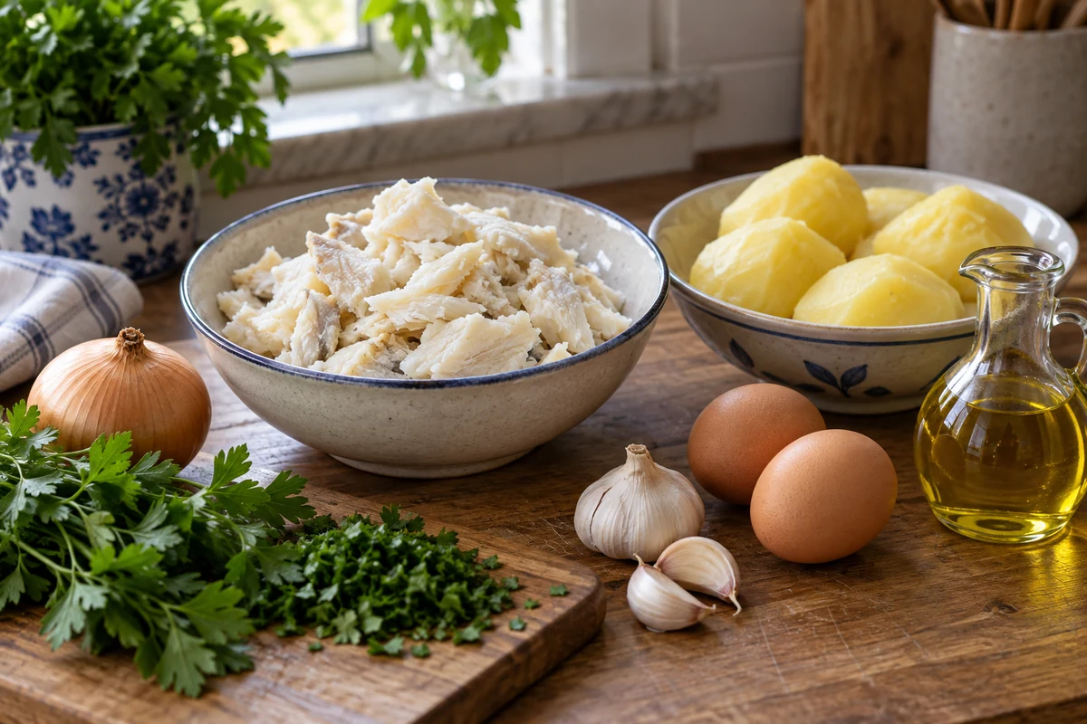 Salt cod potatoes onion eggs and parsley for fritters