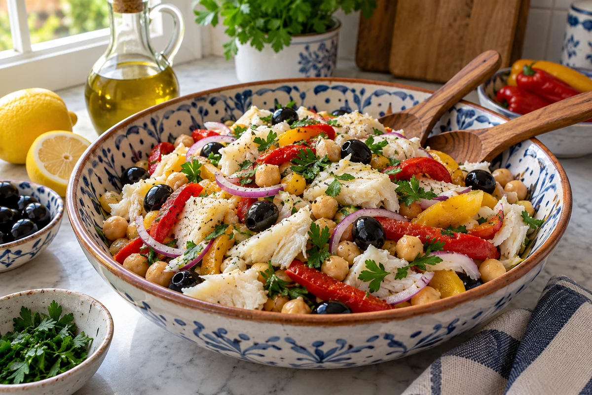 Salt cod salad with chickpeas and roasted peppers in a mixing bowl Salt cod salad with chickpeas and roasted peppers in a mixing bowl
