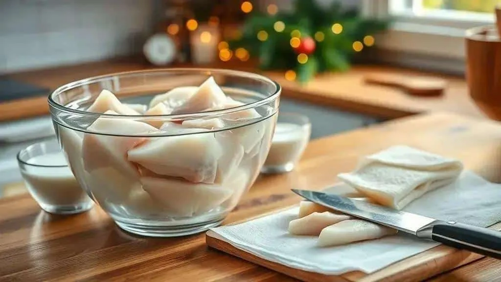 Salt cod soaking in a bowl of cold water Salt cod soaking in a bowl of cold water