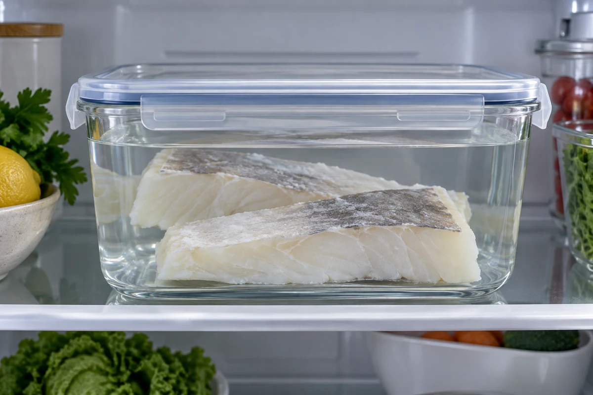 Salt cod soaking in a closed container in the fridge