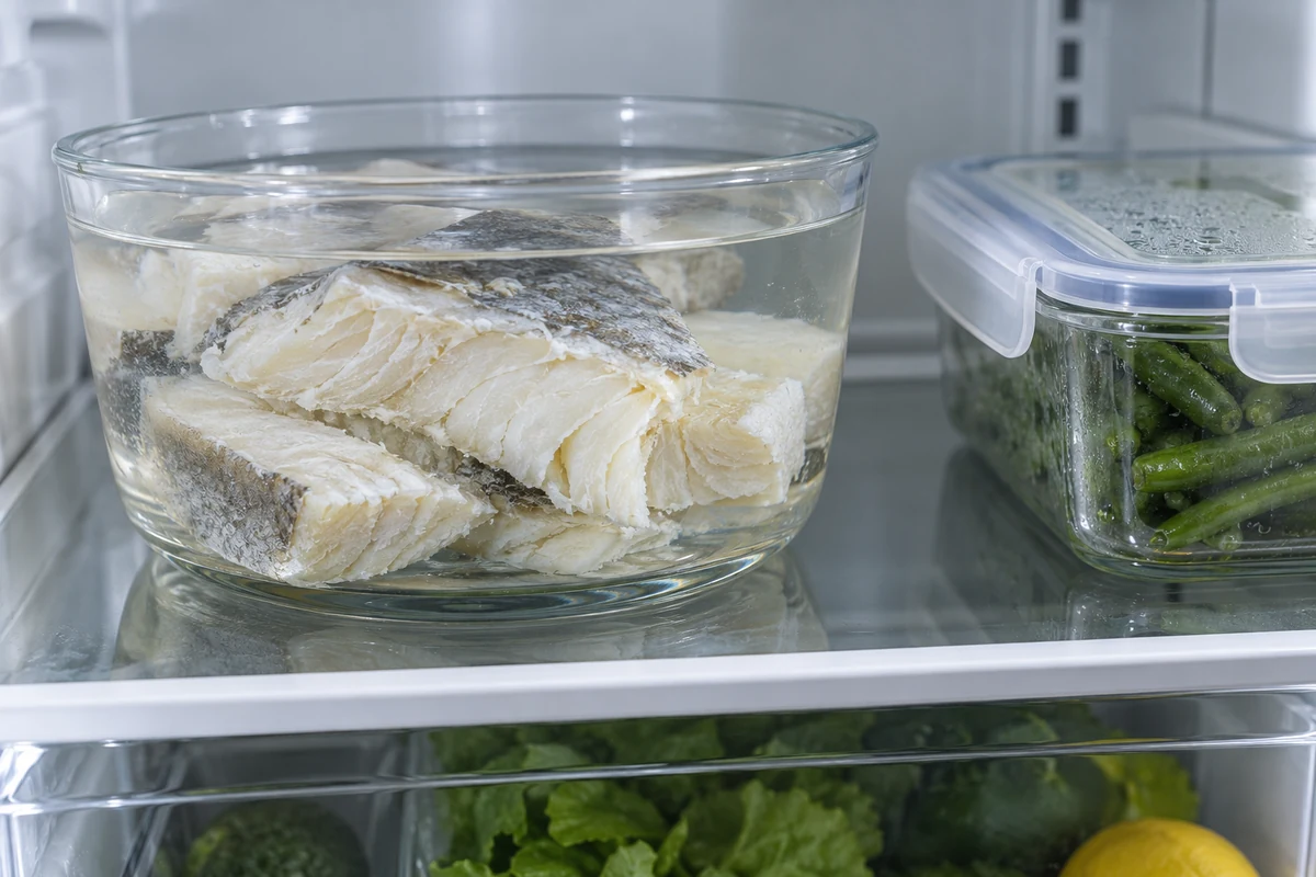 Salt cod soaking in a covered bowl in the fridge
