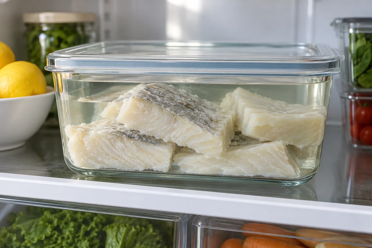 Salt cod soaking in a covered container in the fridge Salt cod soaking in a covered container in the fridge