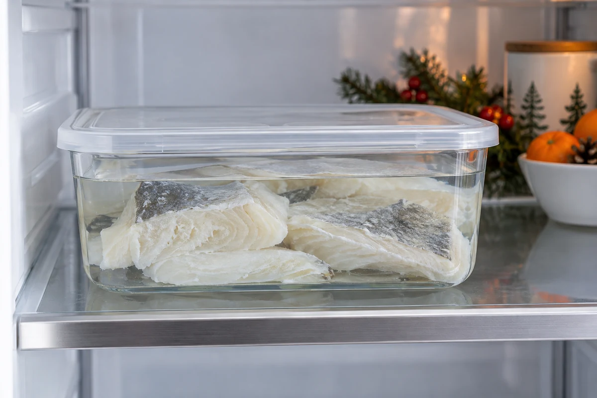 Salt cod soaking in cold water in a covered container in the fridge Salt cod soaking in cold water in a covered container in the fridge