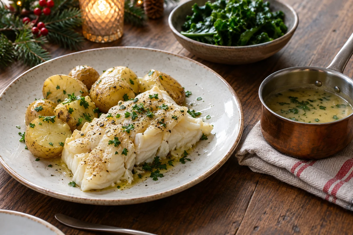 Salt cod with potatoes and a small saucepan of wine sauce, with no flame or alcohol bottle Salt cod with potatoes and a small saucepan of wine sauce, with no flame or alcohol bottle