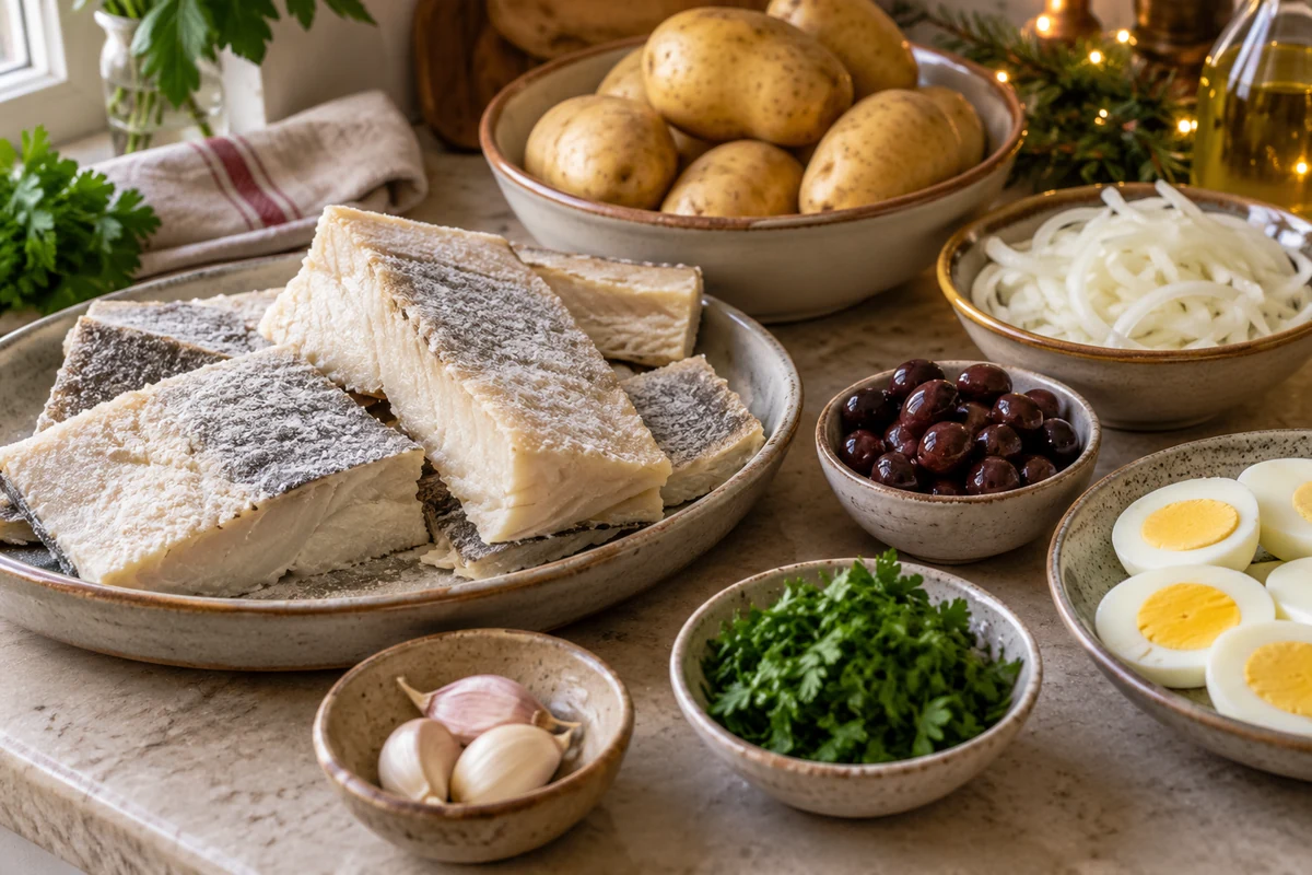 Salt cod with potatoes and vegetables