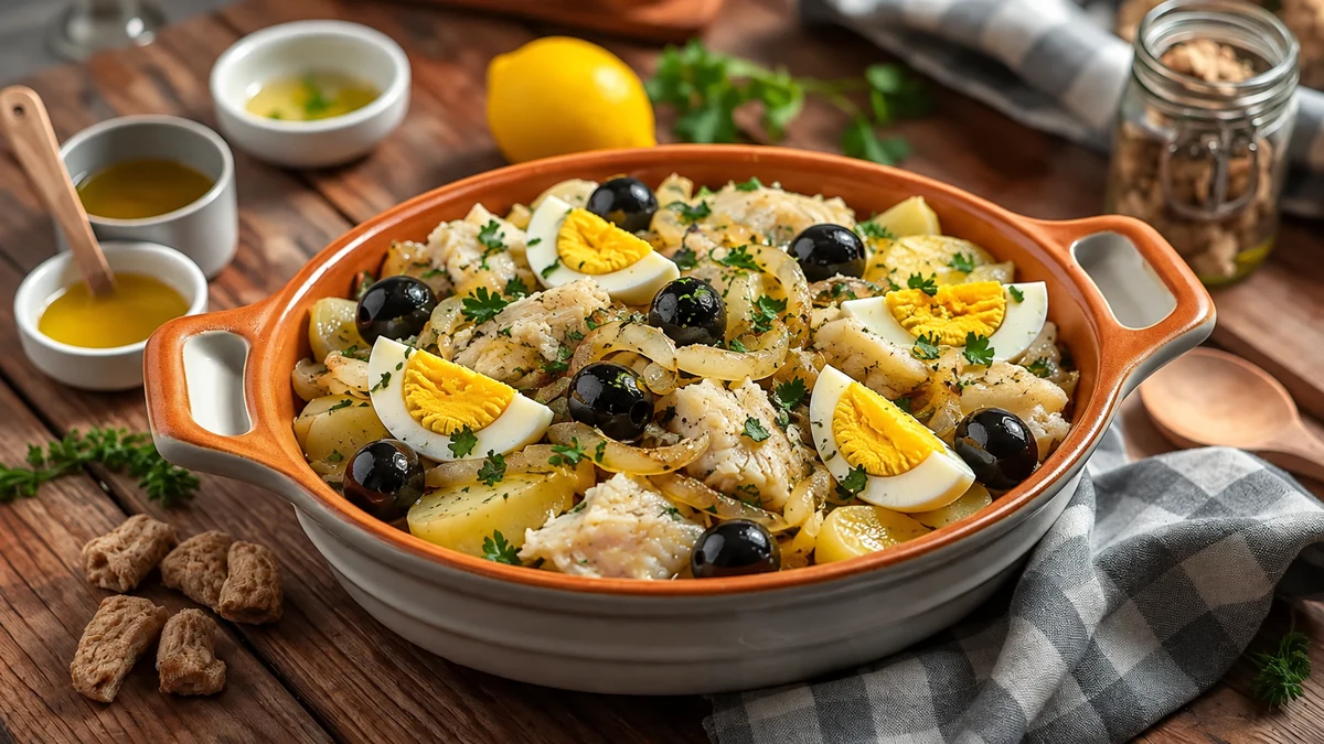 Salt cod with potatoes, onions, olives and hard-boiled eggs