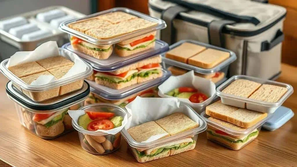 Sandwiches in containers beside an insulated bag