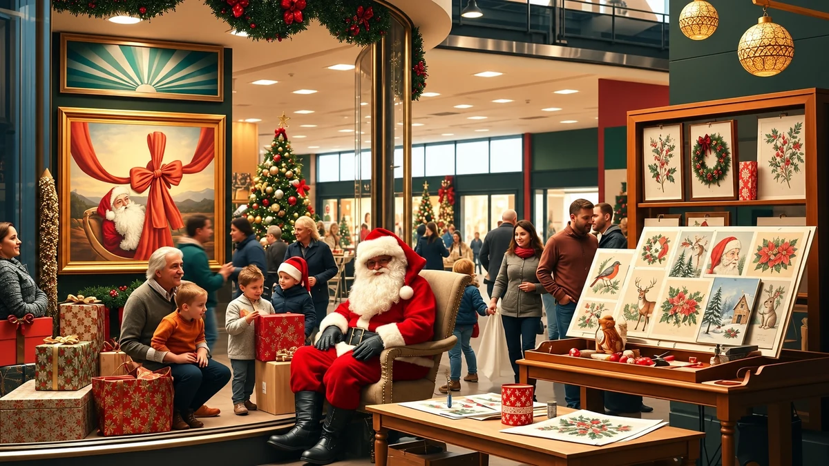 Santa Claus and families in an illustrative Christmas shopping display Santa Claus and families in an illustrative Christmas shopping display