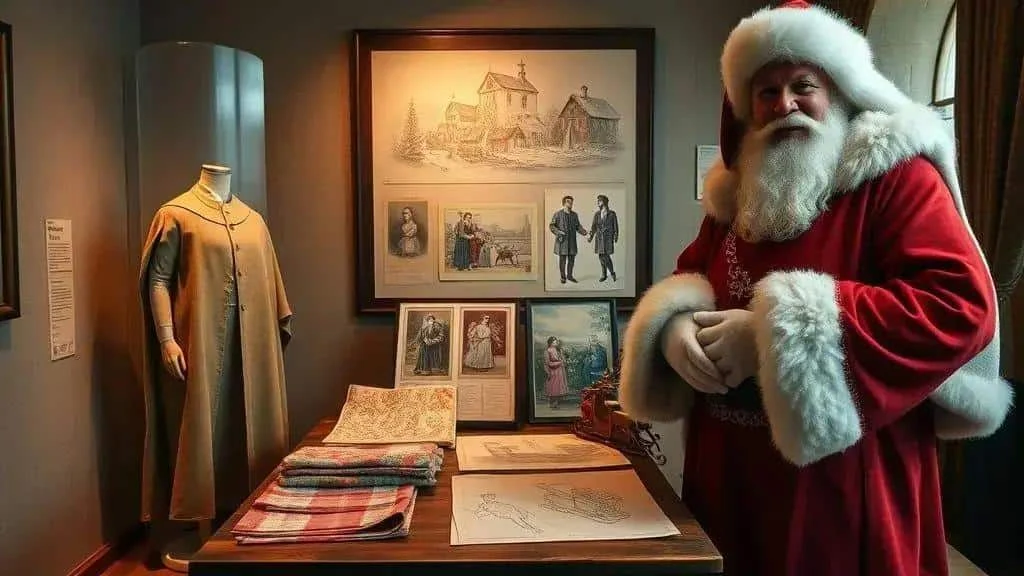 Santa Claus beside a display of historical clothing and illustrations Santa Claus beside a display of historical clothing and illustrations