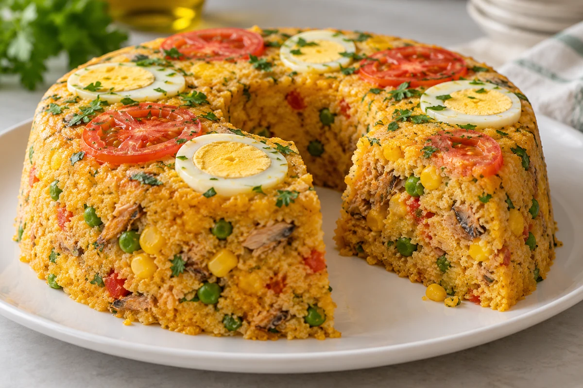 Cuscuz paulista with sardines and vegetables mixed through the cornmeal
