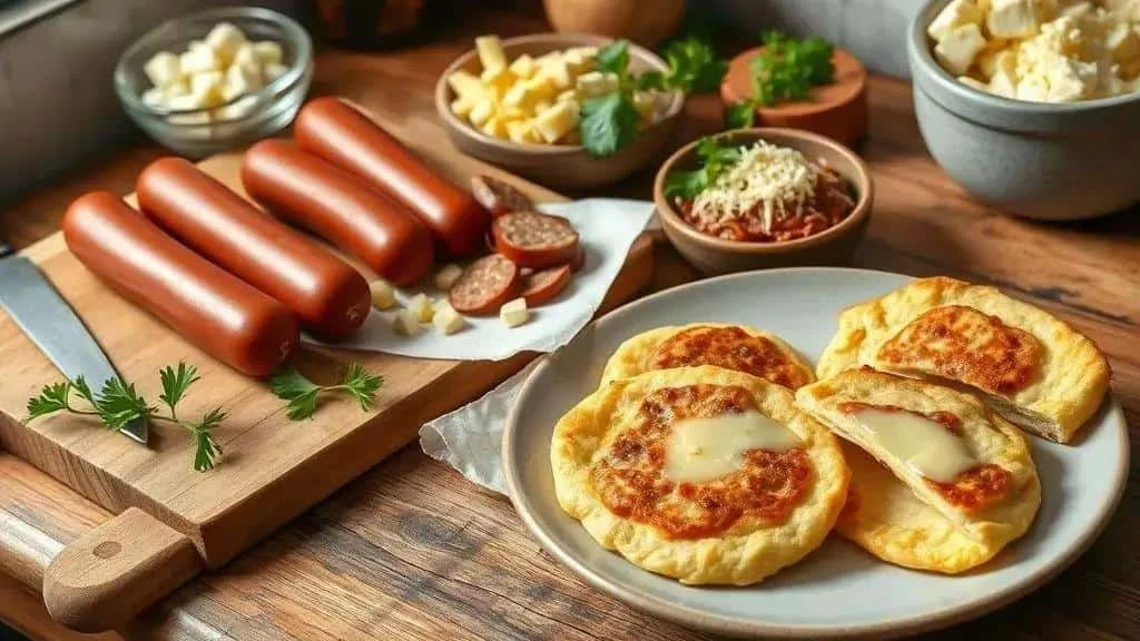 Sausage and cheese ingredients with finished savoury bites