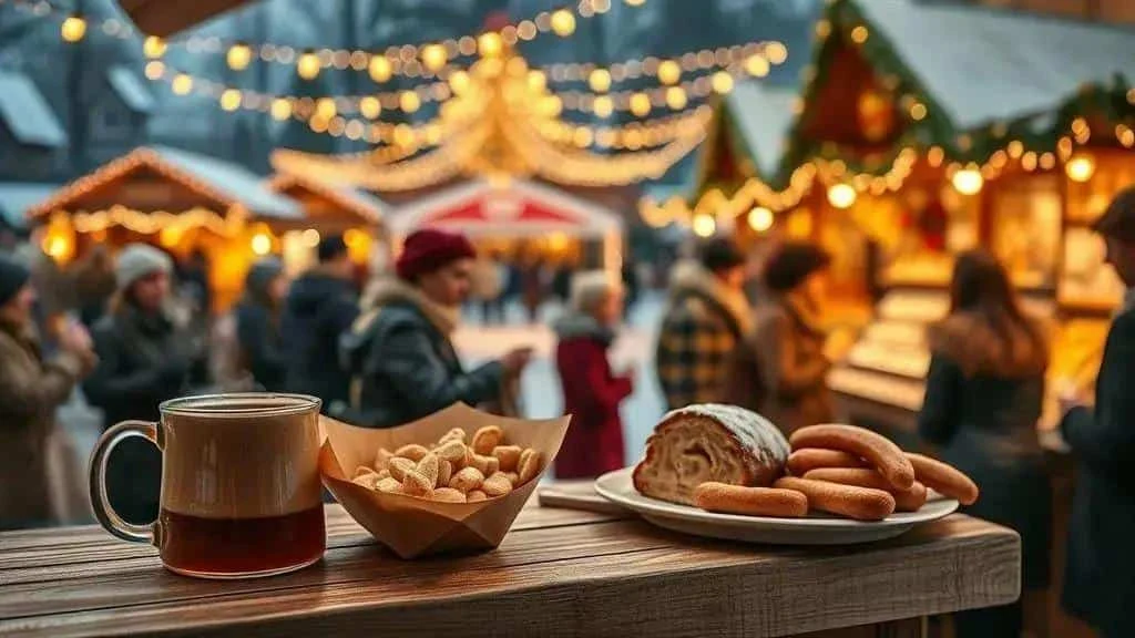 Sausages bread and nuts at a German Christmas market
