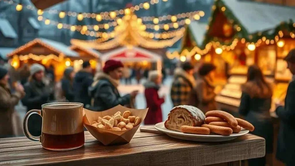 Sausages bread and nuts at an illustrative Christmas market