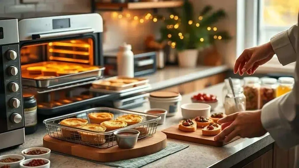 Savoury bakes beside a countertop oven and serving board