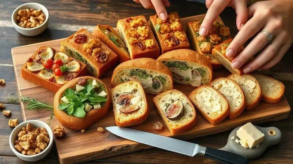 Savoury bread variations with figs vegetables and cheese