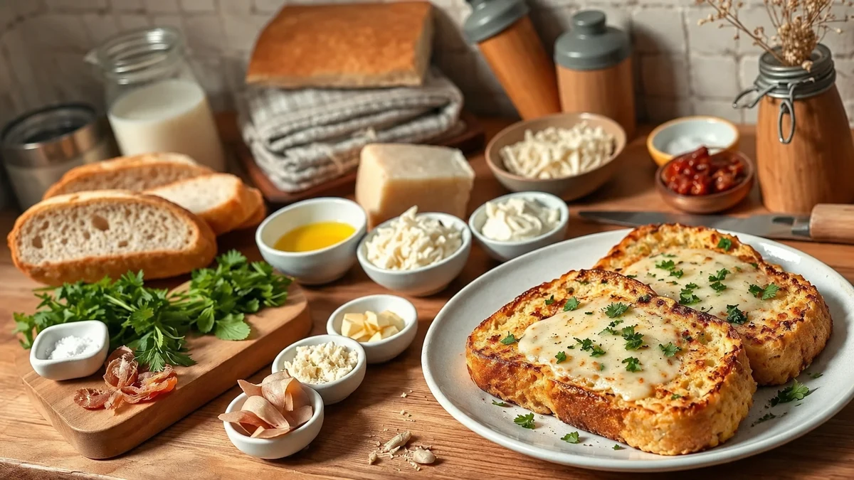Savoury cheese and herb rabanada with bread and filling ingredients